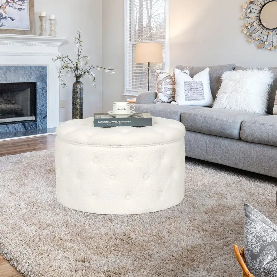 24.8 Round Faux Fur Storage Ottoman, Button Tufted Footrest Stool Coffee Table for Living Room, White