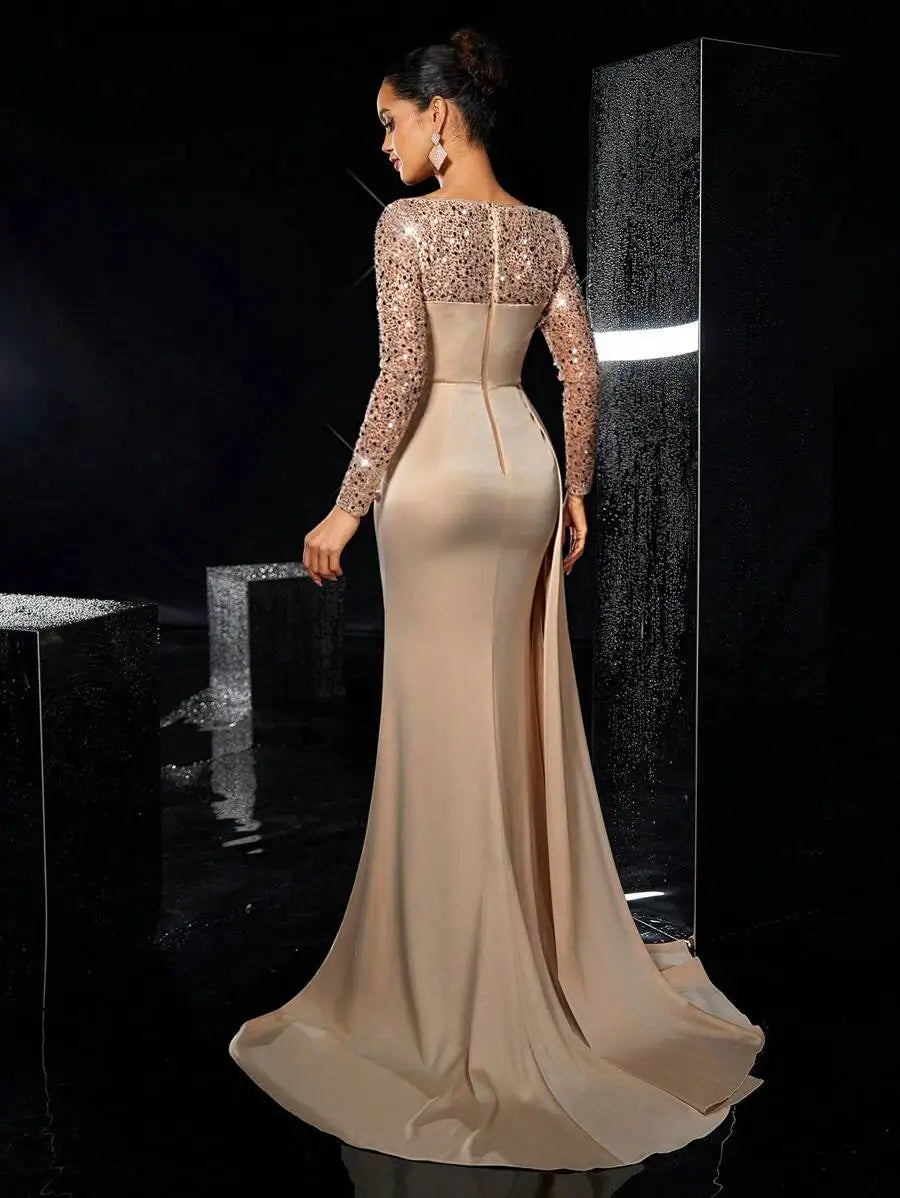 Elegant Long Sleeve Sequin Beaded Satin Mermaid Gown with Side Slit for Formal Events