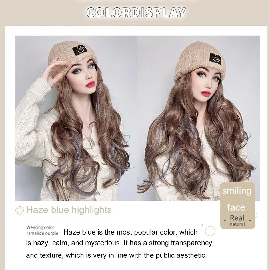 Synthetic 18 inch knitted hat with long curly hair hat wig, wavy wig, winter wig, beige/blue/coffee knitted hat Christmas outfit
