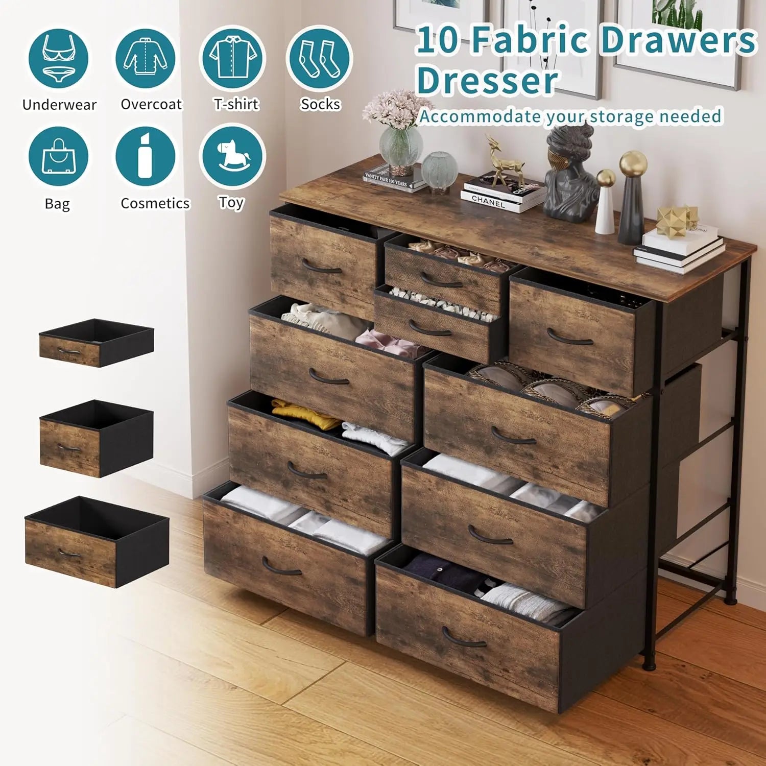 10-Drawer Fabric Storage Dresser with Steel Frame and Wood Top, Rustic Brown for Bedroom or Hallway
