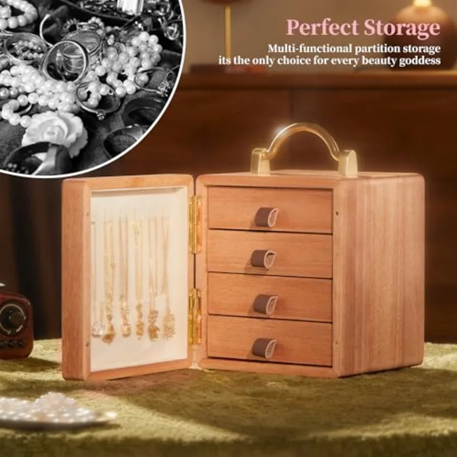 Wooden Jewelry Box for Women Walnut Wooden Jewelry Box with handle 4-Tier Jewelry Organizer for Rings Necklaces