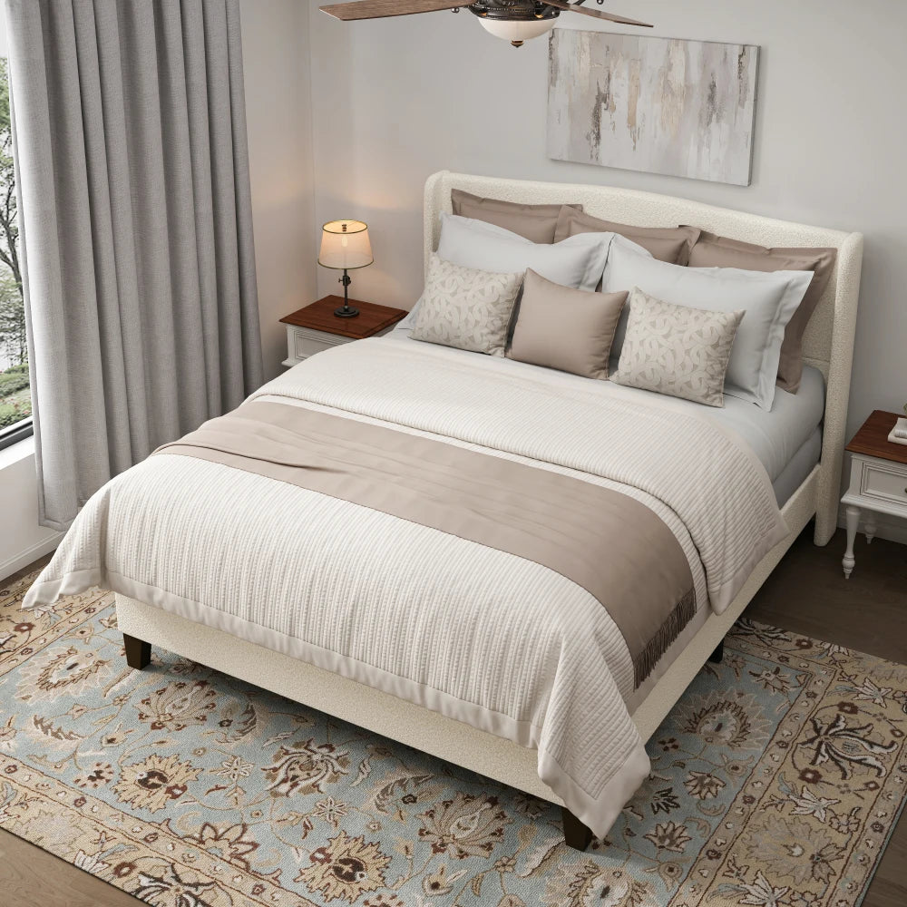 King Size Bed Frame:49.21" High Upholstered Headboard,27.17" Footboard,Teddy Velvet,12 Slats,Wood Feet,No Box Spring Needed(Whit