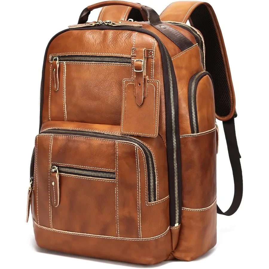LANNSYNE Vintage Genuine Leather Backpack for Men 15.6" Laptop Backpack Camping Travel 24L Rucksack