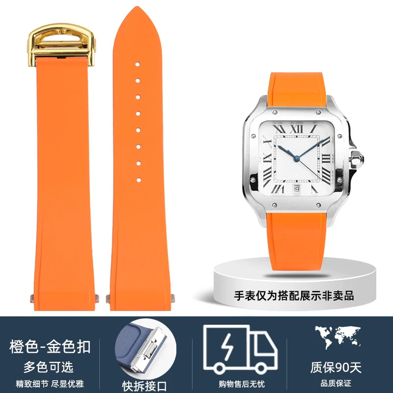 18.5mm 21mm Quick release watchband For Cartier Santos Dumont Fluorine rubber watch Strap men women Folding buckle Black orange