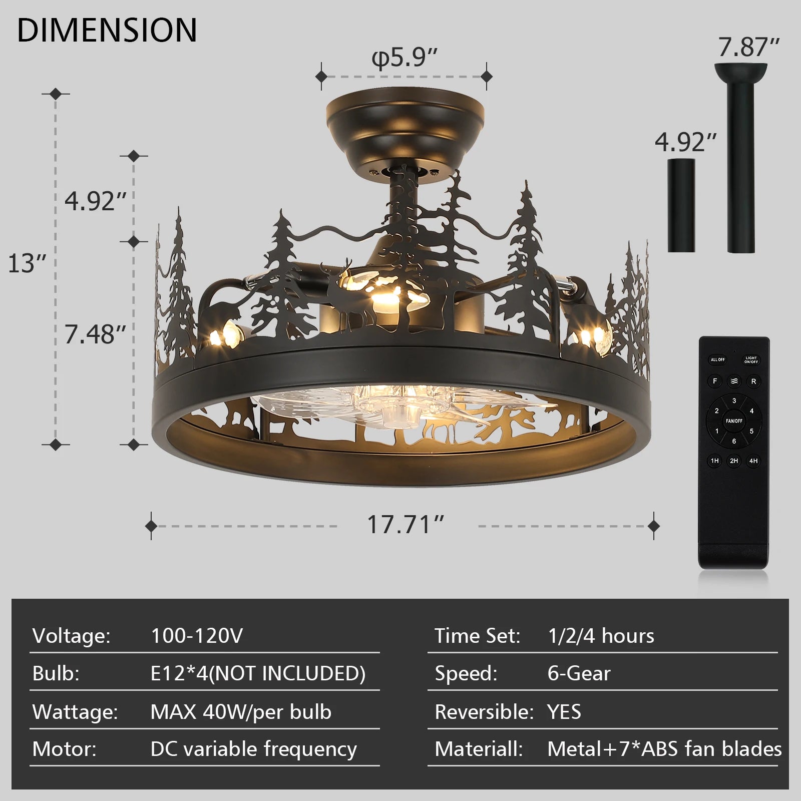 Rustic Ceiling Fan Light & Remote Control – Metal Frame & ABS Blades, Ideal For Living Rooms, Bedrooms & Kitchens
