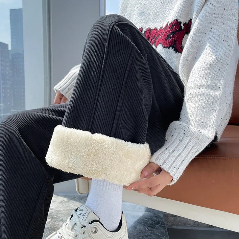 Winter Fleece Thickened High Waist Warm Trousers for Women Solid Color Loose Elastic Waist Straight Casual Pants