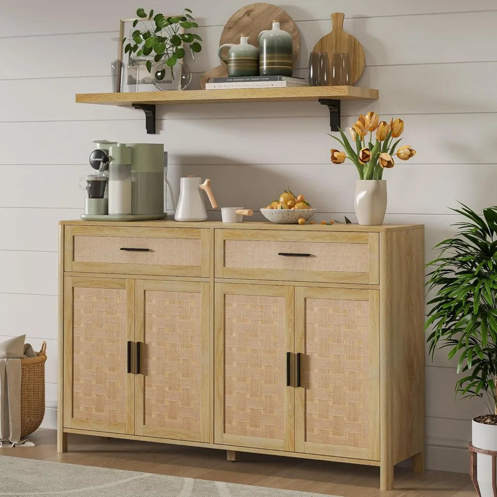 Sideboard with Storage, 55" Large Buffet Cabinet, Wood Coffee Bar, Storage for Kitchen, Dining, Living Room, Natural,Customized
