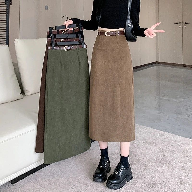 2025 New Autumn Winter Vintage Women's Corduroy A-Line Skirts with Belted Solid Korean Office Straight Wrap Midi Skirts Female