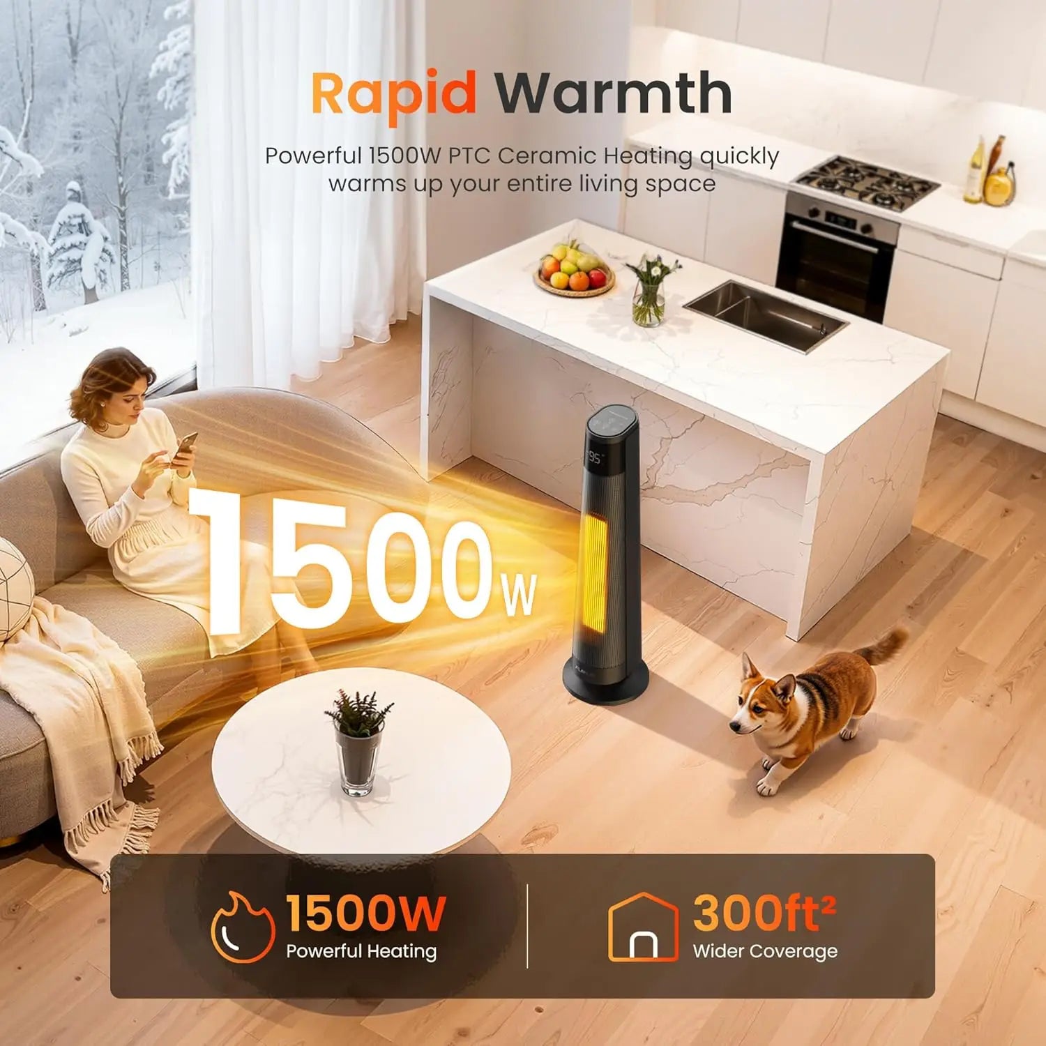 Indoor Electric Space Heaters, 1500W PTC Ceramic Heater with APP & Remote Control, 70° Oscillation for 220 sq.ft, 3 Heat