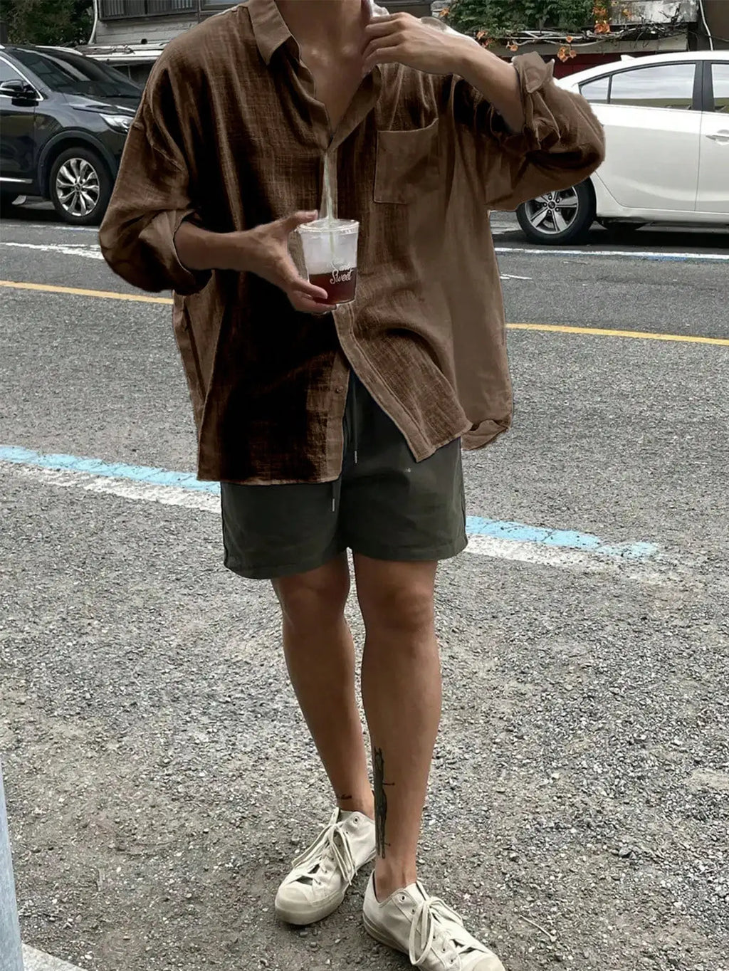 Men's Brown Linen Blend Loose Fit Long Sleeve Casual Shirt with Chest Pocket
