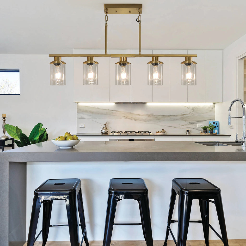 Industrial 5-Light Chandelier，Modern pendent lamp with Glass Shades, Golden Metal Frame Hanging Ceiling Light Fixture (No Bulbs)