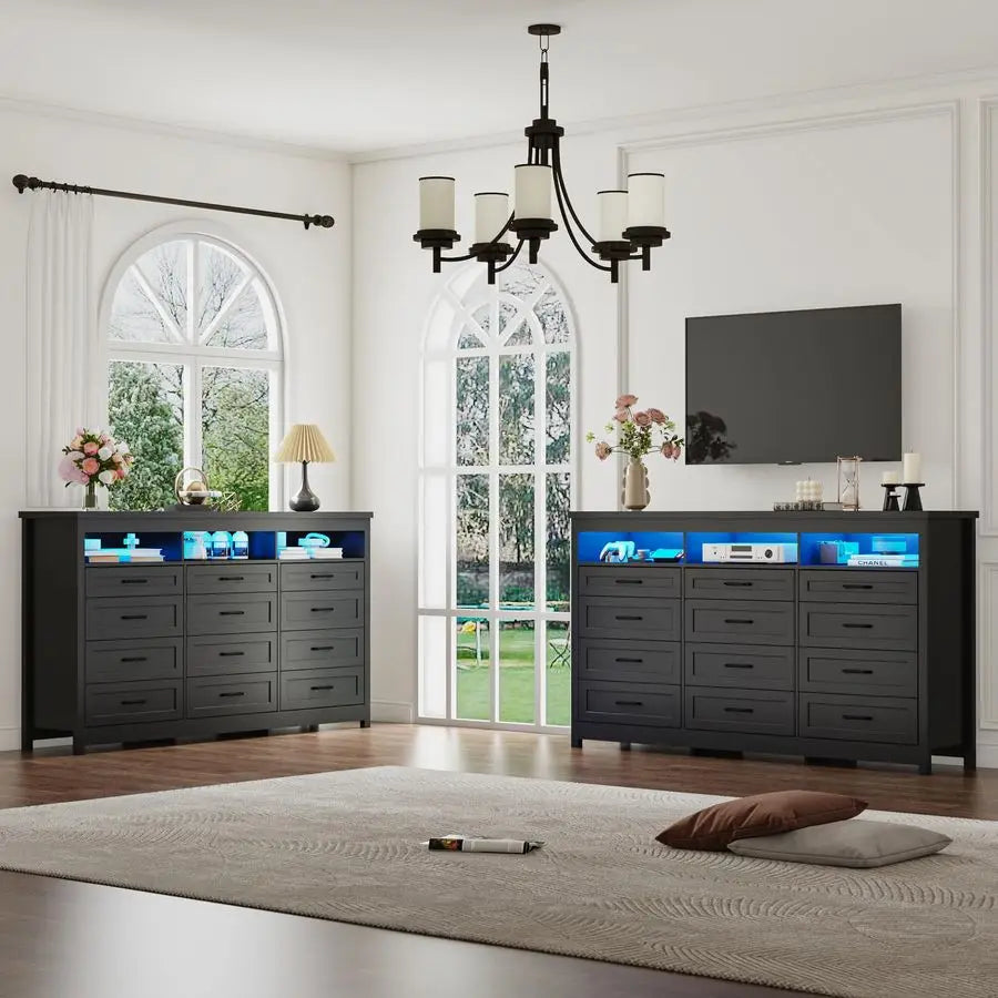 12 Drawer Dresser with LED Lights, 71 Wide Large Chest of Drawers for Bedroom, Modern Wood Dresser Storage Organizer with Charg