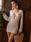 White Knit Cover Up Dress with Metal Shell Detail, V Neck, Long Sleeve for Beach Summer