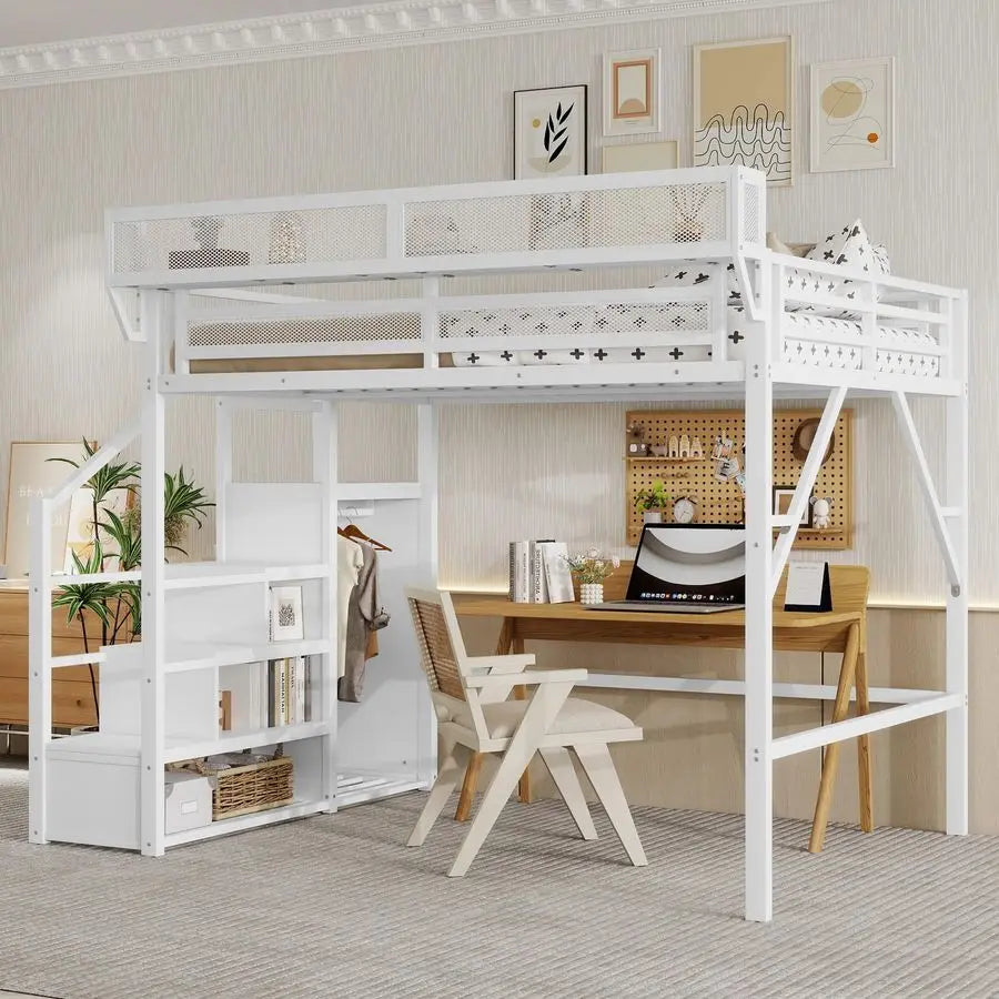 Size Loft Bed with Staircase, Metal Loft Beds with Storage Shelves amp Wardrobe, High Lofted Bed Frame, Loft Tall Bed for Boys