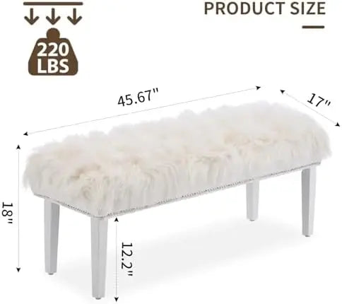 White Faux Fur Ottoman Bench with Wood Legs, Modern Entryway Bedroom Stool