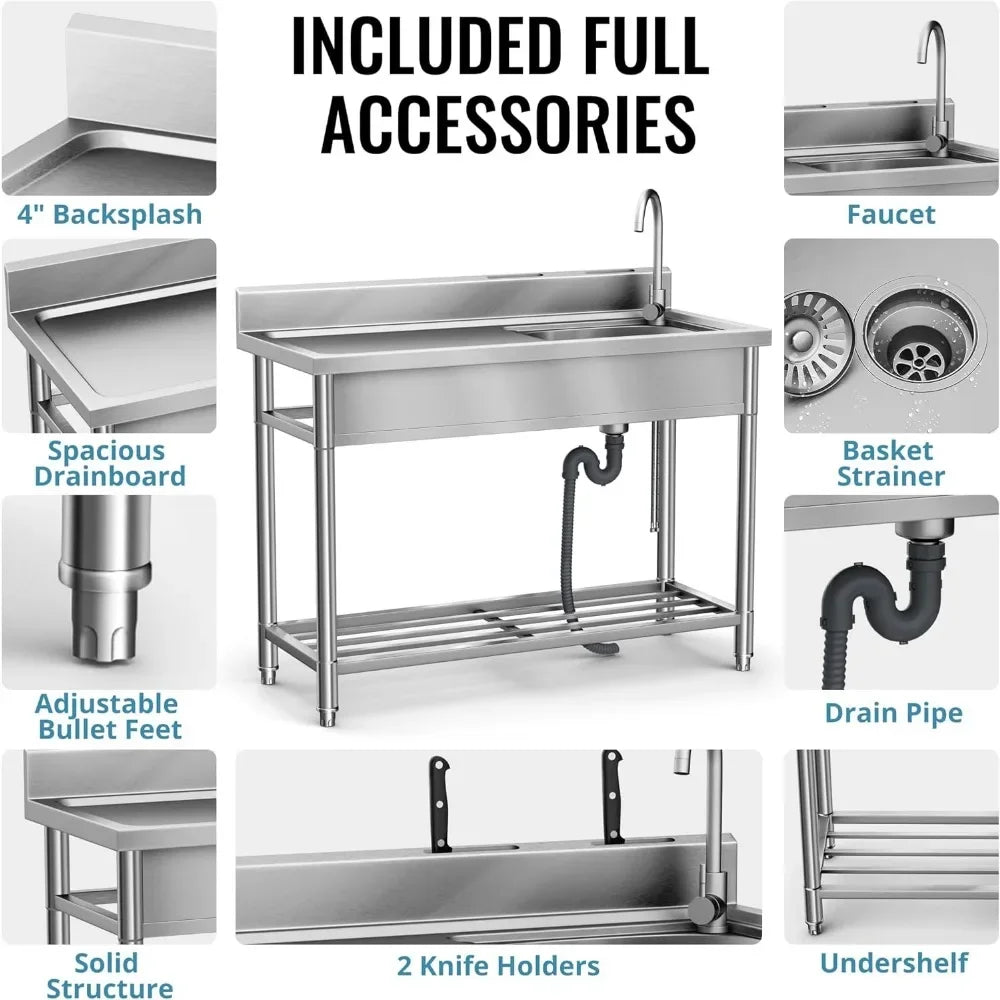 Stainless Steel Sinks, Free Standing Kitchen Sink with Countertop Workstation, Utility Sink Single Bowl