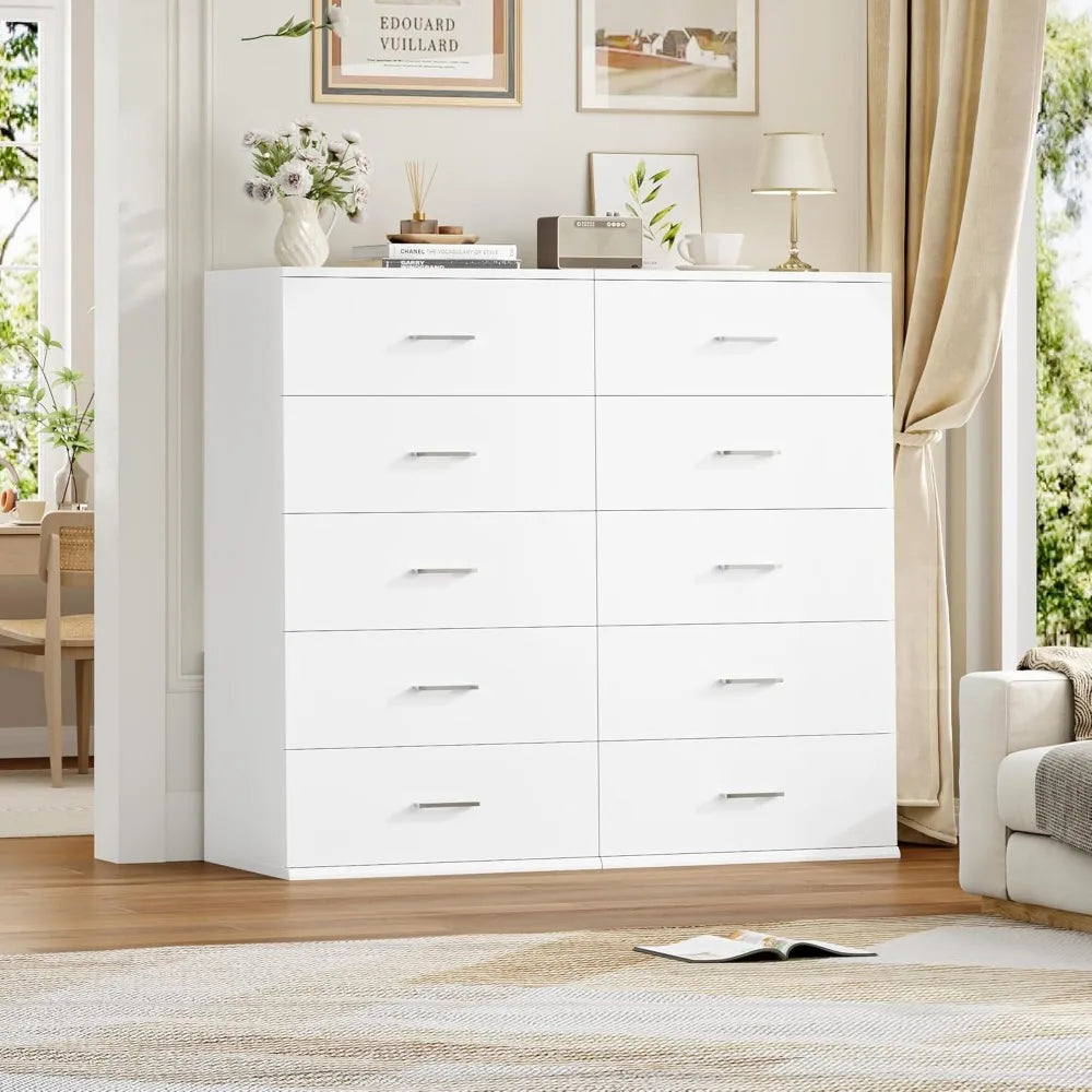 Modern Tall White Dresser with 5 Drawers, Metal Handles, Suitable for Living Room