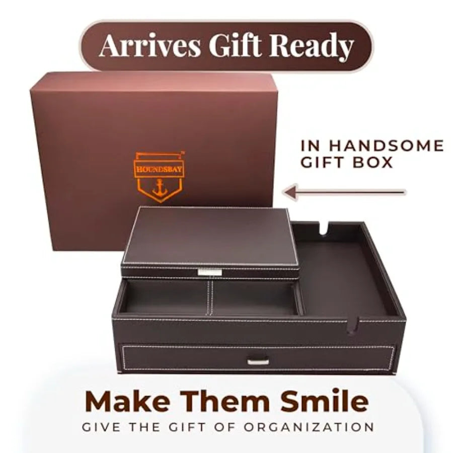 Mens Watch Box Leather Valet Tray - Bedside Table Organizer Men's Jewelry Box Watch Case for Men with Large Smartphone Charging
