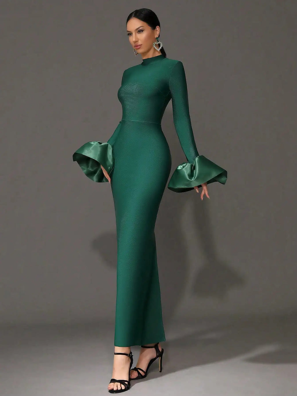 Emerald Green Long Sleeve High Neck Evening Dress with Flared Cuff and Mermaid Silhouette