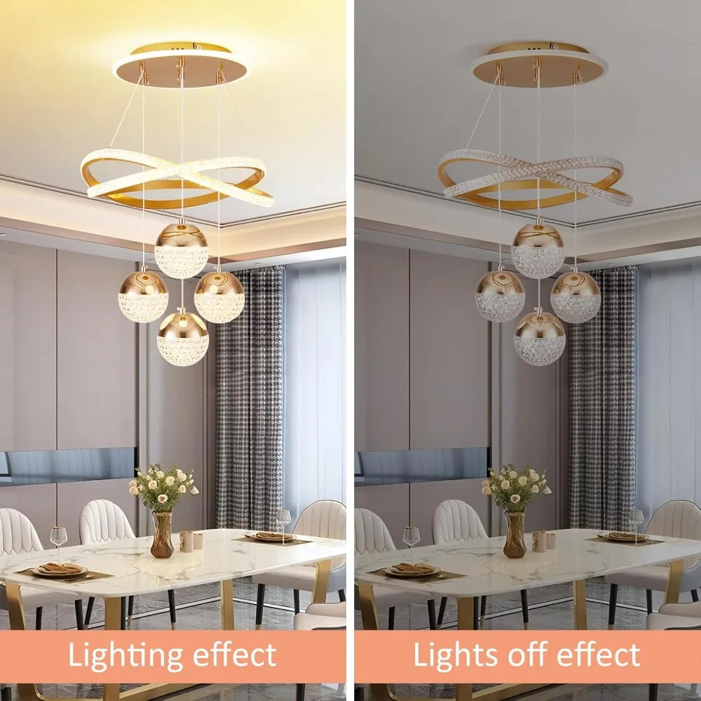 Modern Gold LED Chandelier, 3-Color Dimmable Pendant Light for Kitchen Island, Dining Room, Living Room