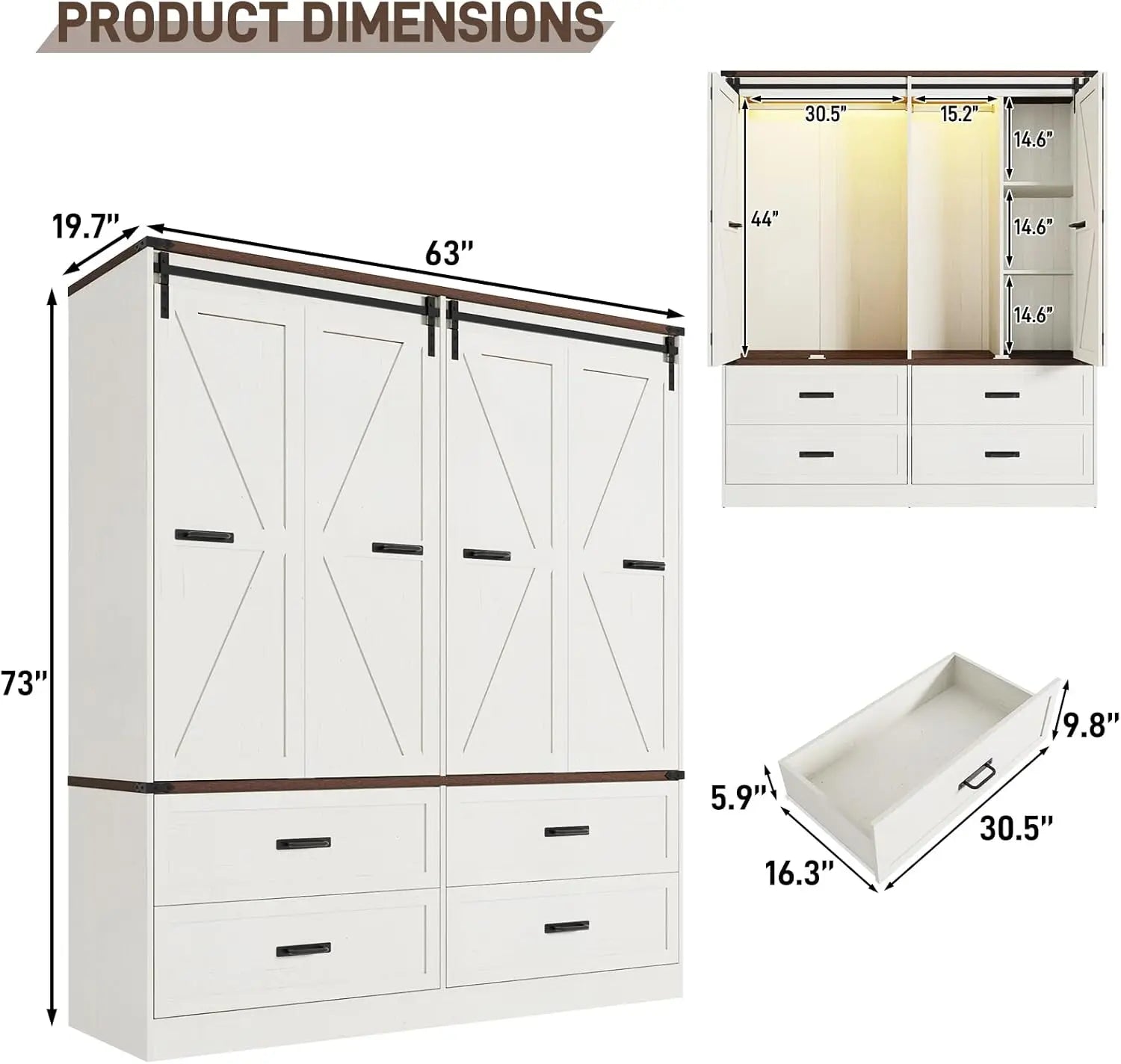 Farmhouse 4-Door Armoire with Sliding Barn Door, LED Lighting, Drawers & Hanging Rod, Antique White Freestanding Wardrobe