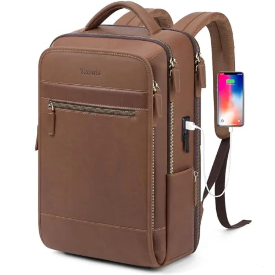 Tzowla Leather Laptop Backpack Bag for Men and Women Business Travel Work Rucksack Fits 15.6 Inch Laptop Bookbag with USB and T