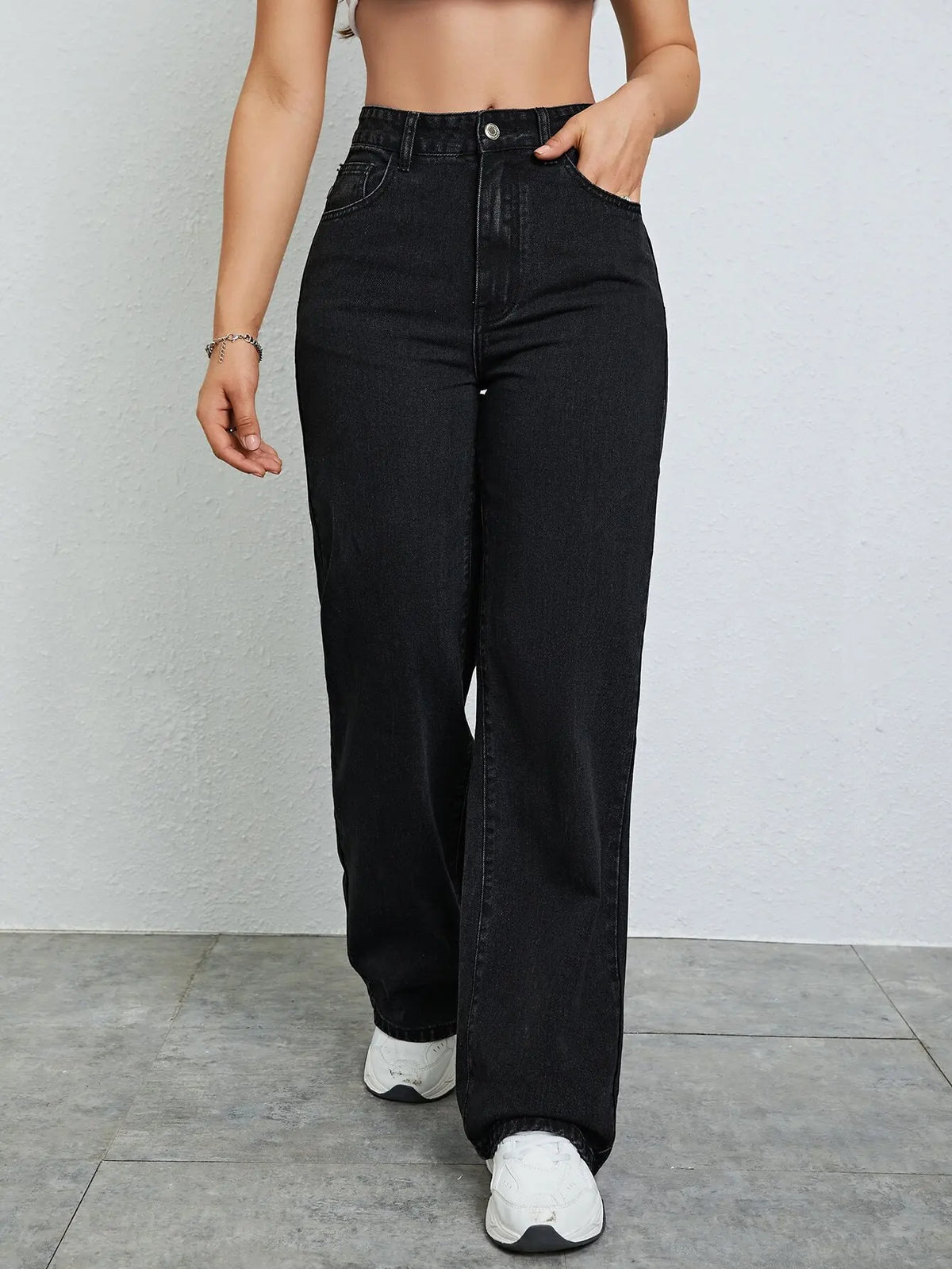 High Waist Wide Leg Black Denim Jeans for Women, Casual Streetwear Style