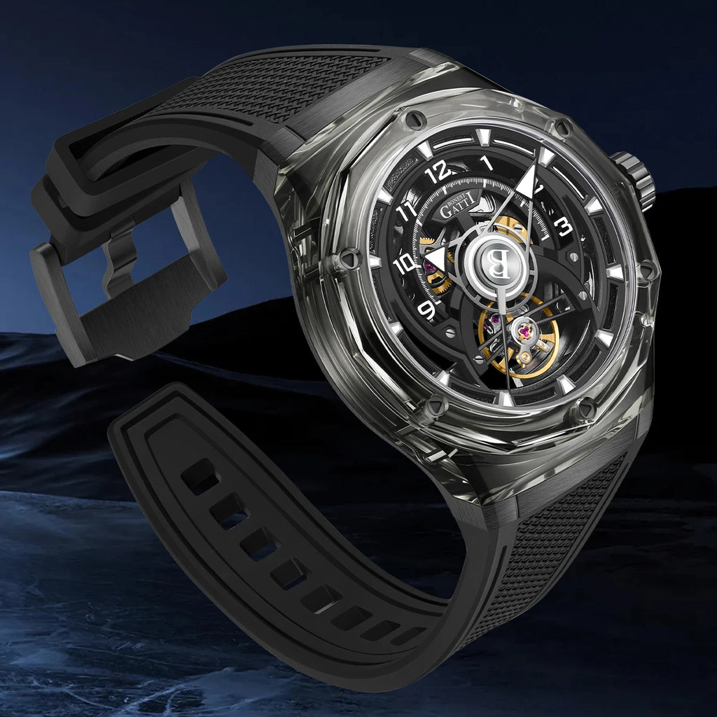 BONEST GATTI men's Watch, fully automatic mechanical watch, skeletonized business sports men's wristwatch with steel strap, Vale