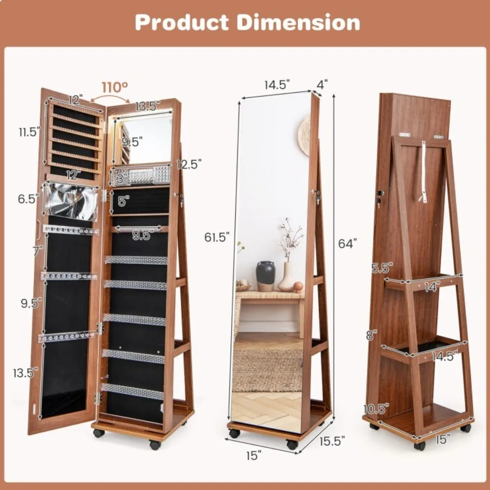 64"Jewelry Cabinet Lockable Armoire Storage Organizer w/ Built-in Makeup Mirror