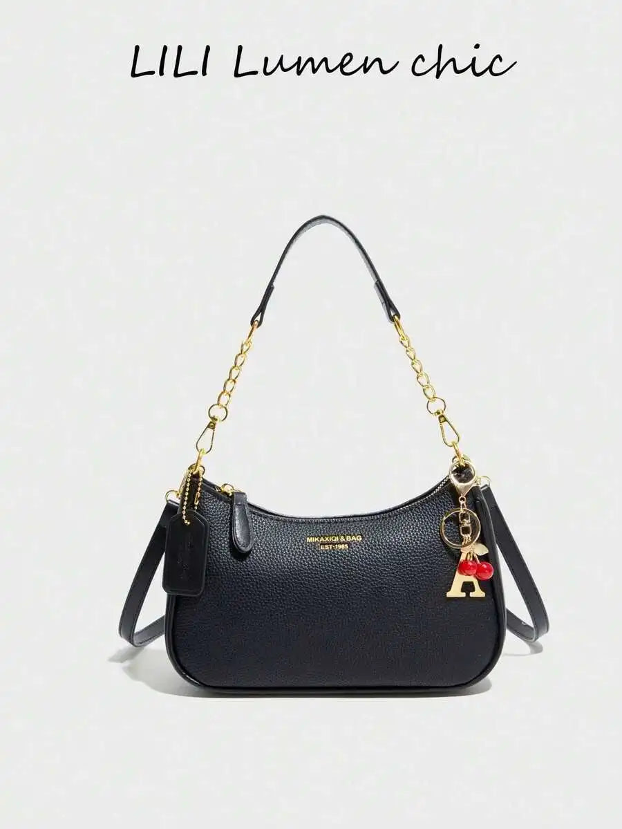 Black Pebbled PU Crescent Shoulder Bag with Gold Chain & Cherry Charm