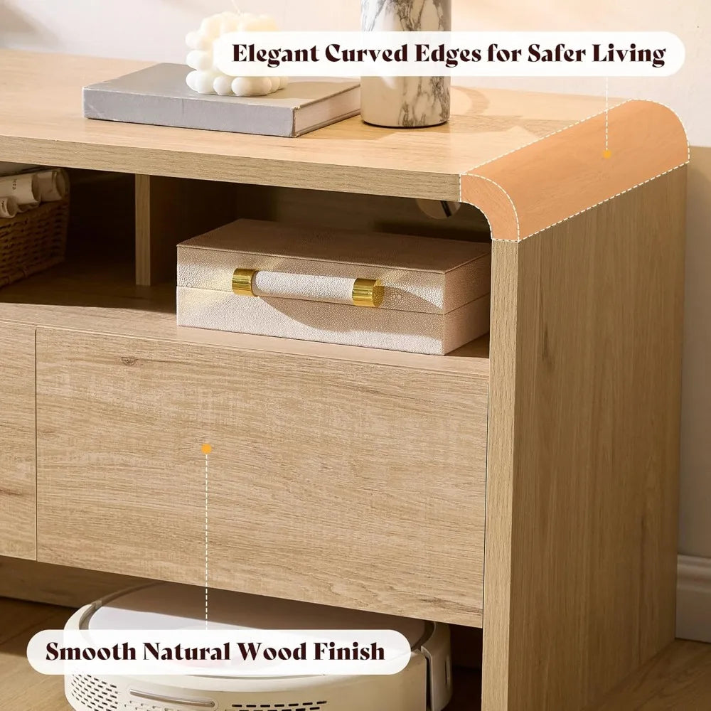 70" Modern TV Stand for 80" TVs, Curved Wood Console with Storage Cabinets, Media Entertainment Center for Living Room