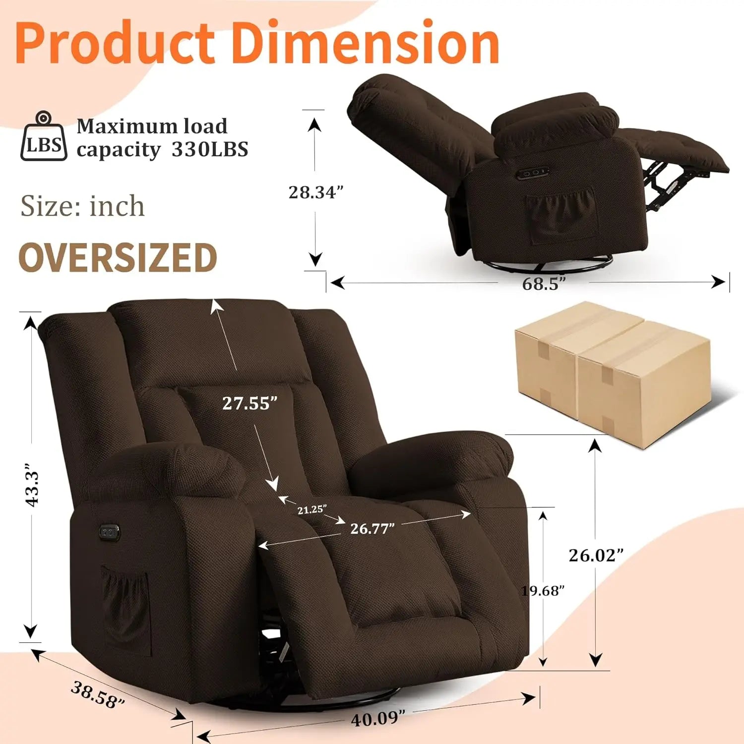 Oversized Recliner Chair, Electric Glider Rocker with Massage & Heating, Waffle Fabric, Side Pockets for Living Room