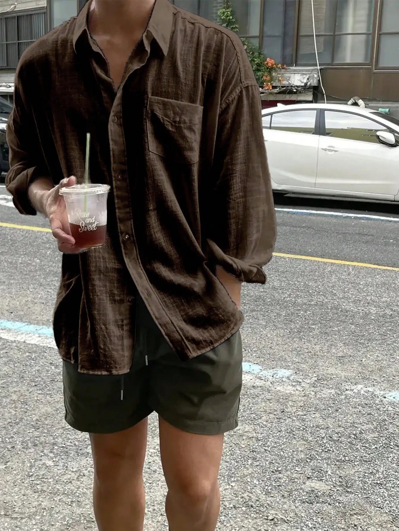 Men's Brown Linen Blend Loose Fit Long Sleeve Casual Shirt with Chest Pocket