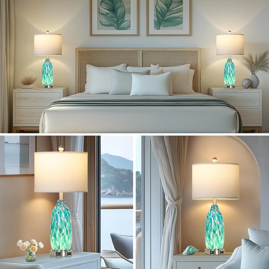 26" Peacock Green Glass Table Lamps Set of 2 with USB Ports, AC Outlet & Night Light for Bedroom Living Room