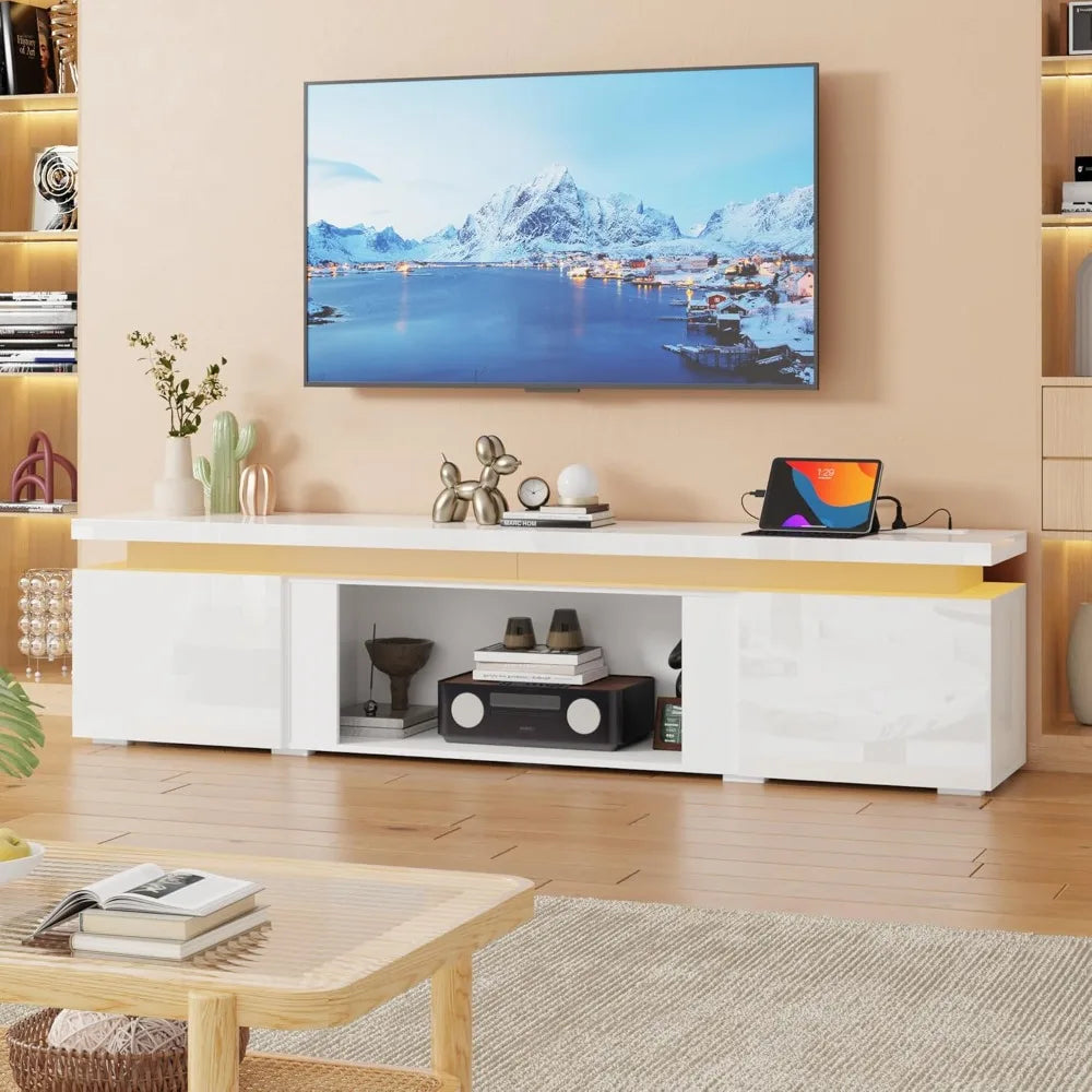 High Gloss Electric Fireplace TV Stand 40 Inch for 80 Inch TV 71 LED 2 Storage Cabinets Power Outlet Living Room Furniture