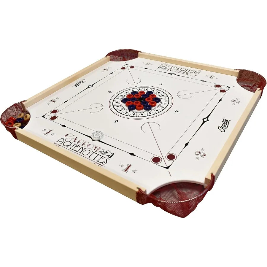 Classic American Style Carrom and Pichenotte Board Game Set with Two Additional Cues for Home Entertainment Indoor Recreation F