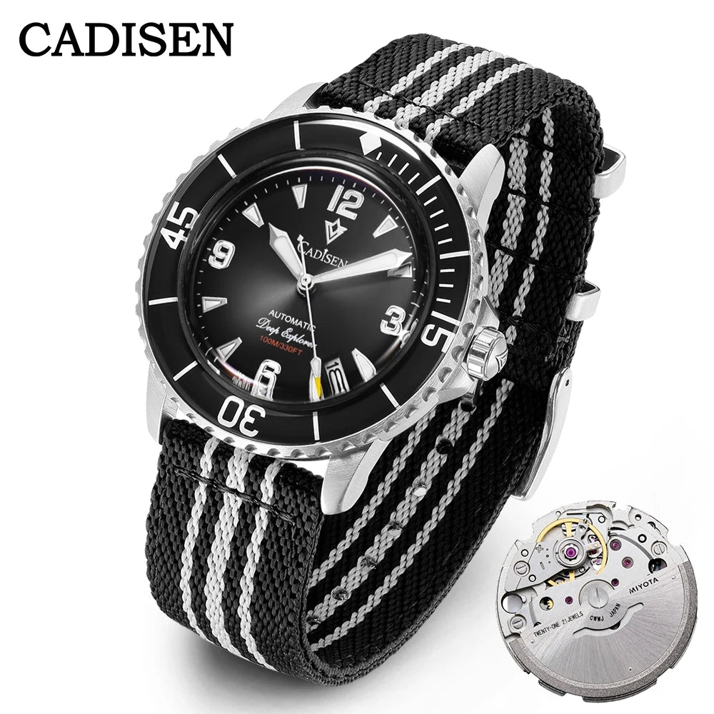 CADISEN Deep Explorer Automatic Mechanical Watch Man Canvas Strap Wristwatch MIYOTA 8215 Luxury Luminous 100M Waterproof Watches