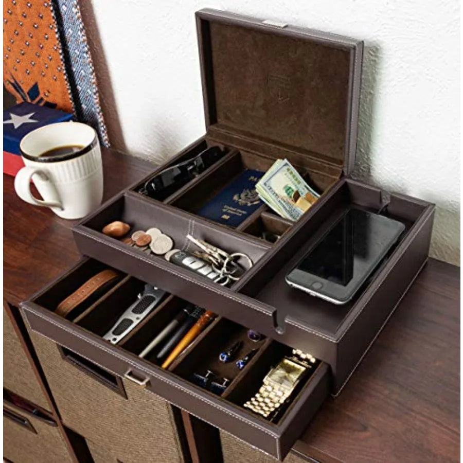 Mens Watch Box Leather Valet Tray - Bedside Table Organizer Men's Jewelry Box Watch Case for Men with Large Smartphone Charging