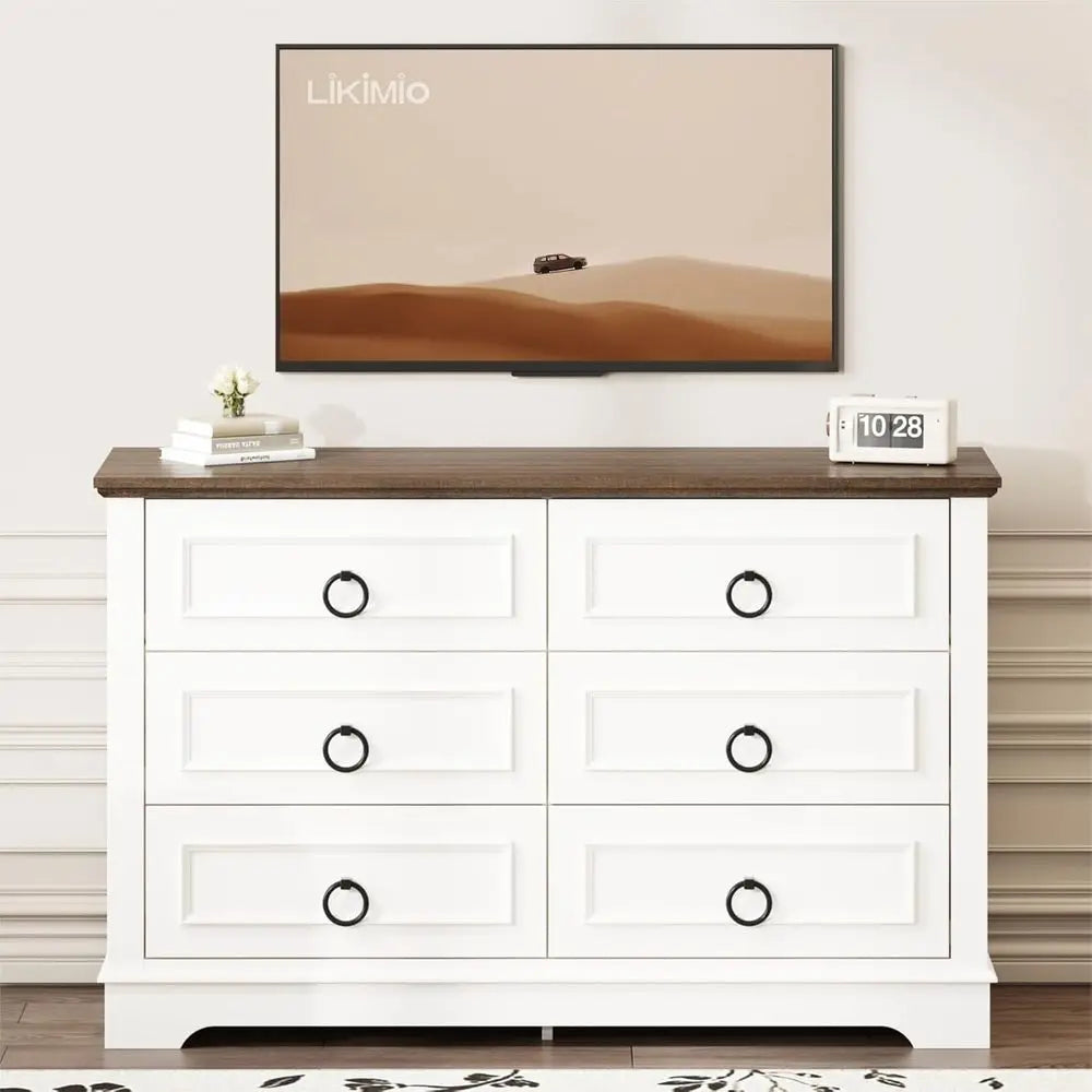 Modern 6-Drawer White Rustic Bedroom Dresser with Round Metal Handles and Thickened Top