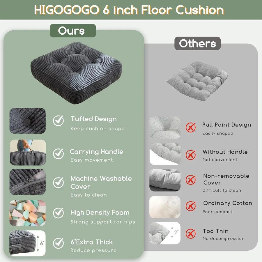 6" Washable Floor Pillow Cushion for Adults Meditation Cushion Pillow Large Square Floor Sitting Removable Tufted Corduroy Cove