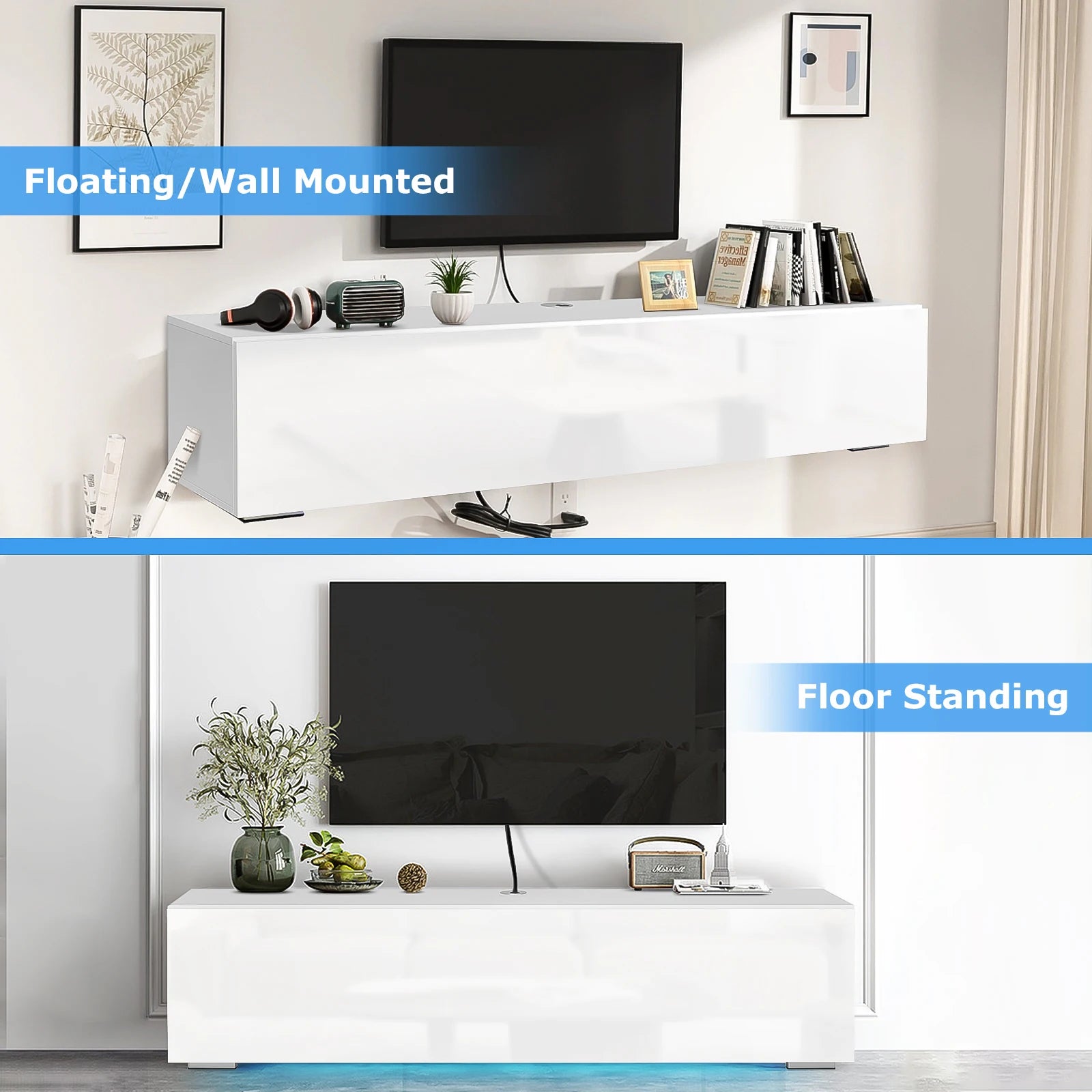 Floating TV Stand with Led Light for TVs up to 63", Modern High Gloss Entertainment Center White Wall Mounted TV Media Cabinets