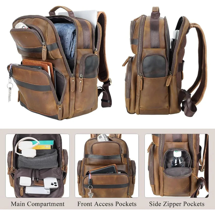 Men's Vintage Leather Backpack 15.6" Laptop Bag Large Capacity Business Travel Hiking Shoulder Daypacks