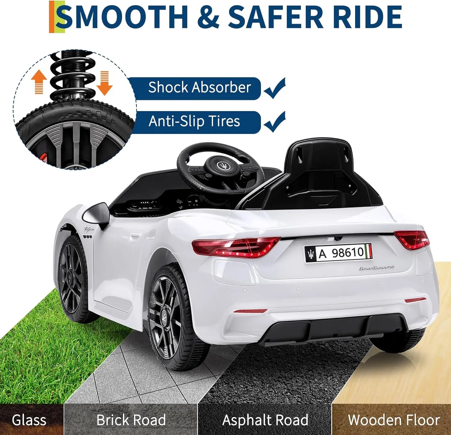 Kids Electric Ride on Car 12v Battery Powered Toy Car with Remote Control Slow Start Shock Absorbers Lockable Doors Safety Belts