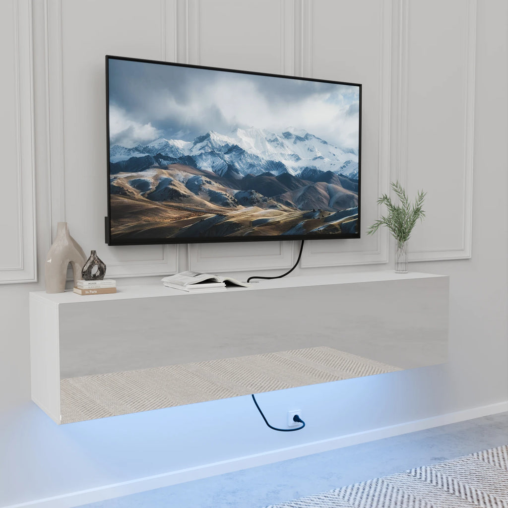Floating TV Stand with Led Light for TVs up to 63", Modern High Gloss Entertainment Center White Wall Mounted TV Media Cabinets