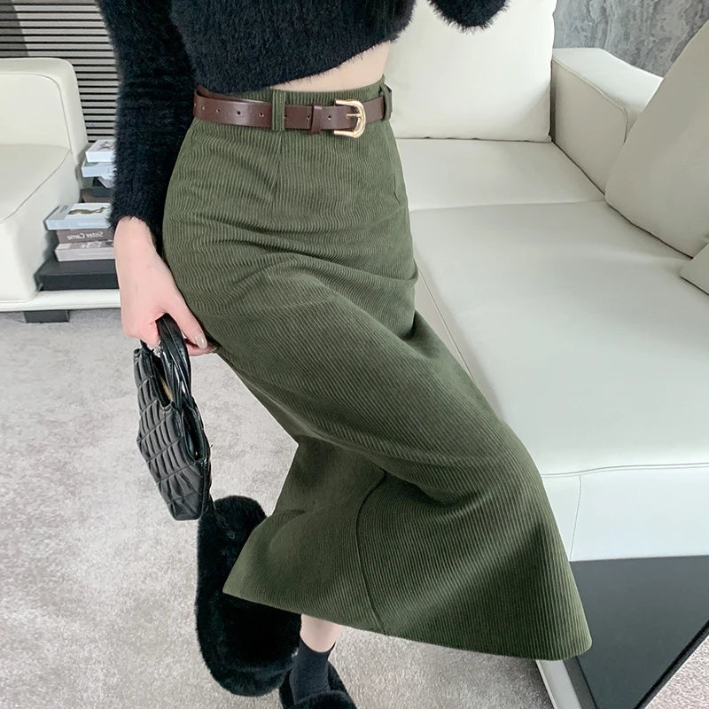 2025 New Autumn Winter Vintage Women's Corduroy A-Line Skirts with Belted Solid Korean Office Straight Wrap Midi Skirts Female