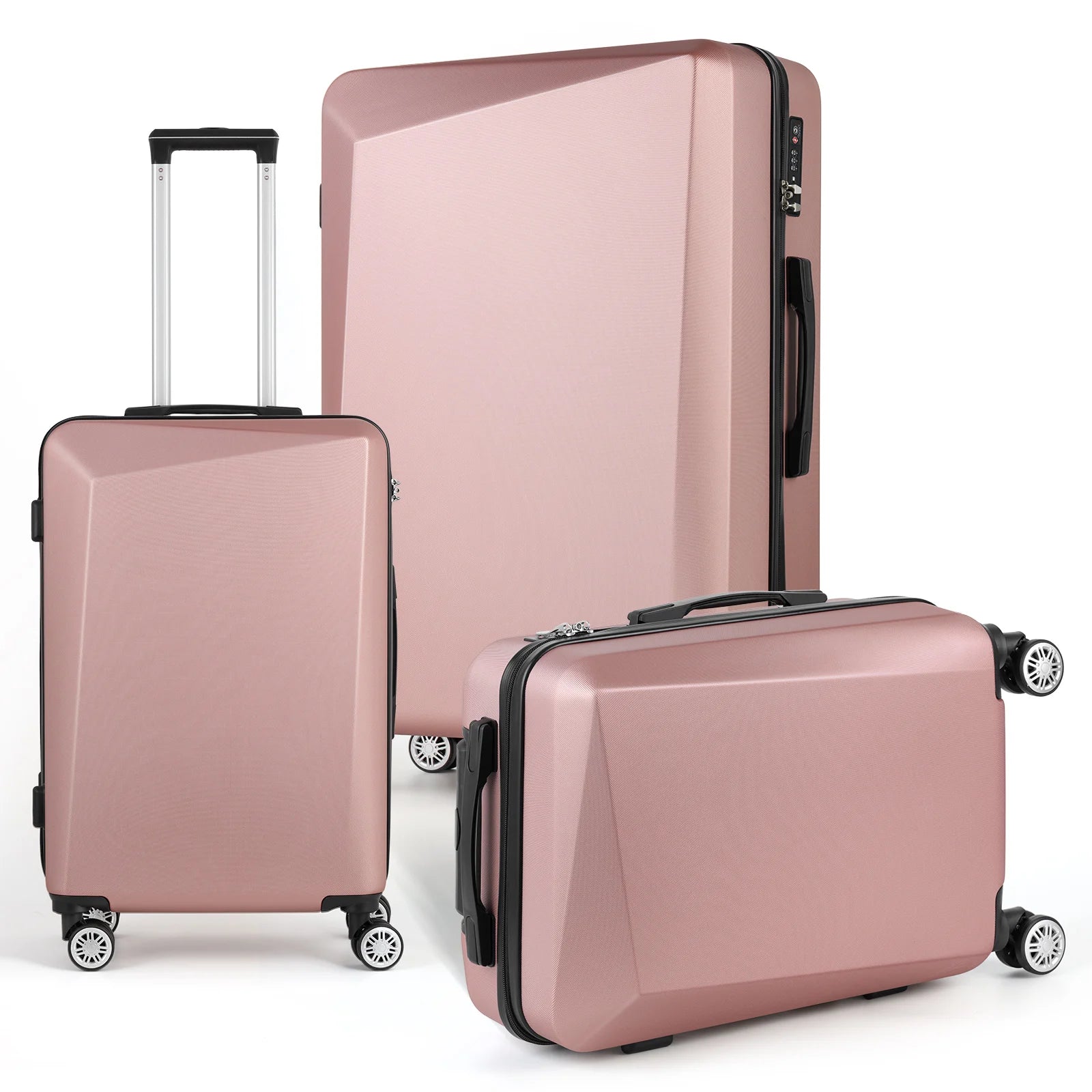 3-PC Champagne ABS Luggage Set w/Ergo Handle & Smooth-Zipper, 360° Spinner Wheels Trolley Cases - Lightweight Travel Suitcases