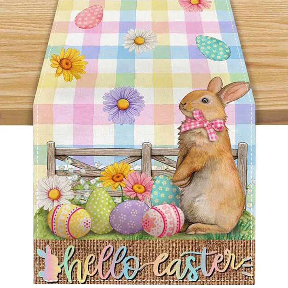 Easter Bunny Linen Table Runner Easter Rabbit Table Runner Washable Easter Bunny Spring Linen Table Runner Holiday Party Decor