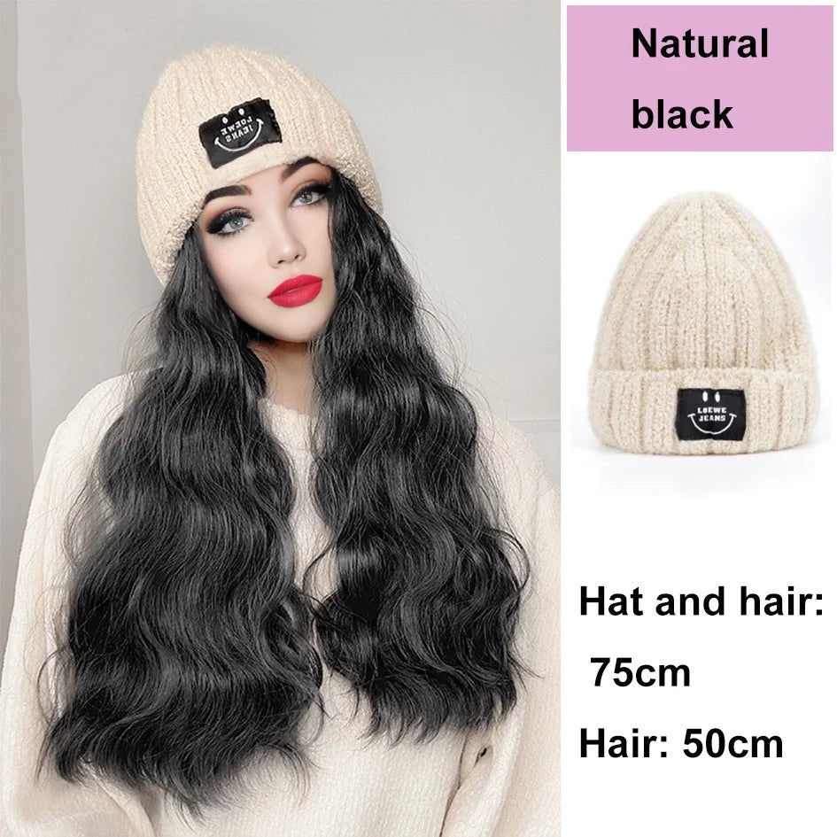 Synthetic 18 inch knitted hat with long curly hair hat wig, wavy wig, winter wig, beige/blue/coffee knitted hat Christmas outfit