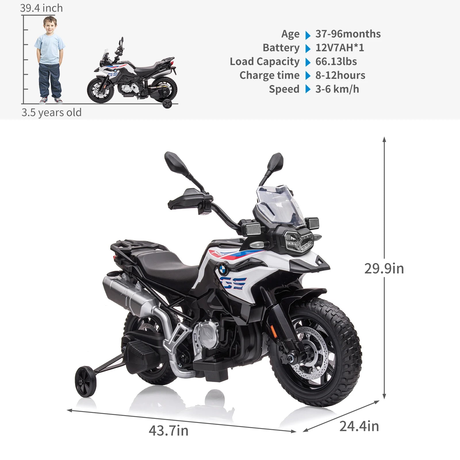 12V Kids Ride on Motorcycle Licensed BMW Motorbike with High/Low Variable Speed,Warning Lights,Training Wheels for Toddlers/Kids