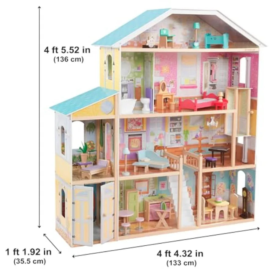 Wooden Dollhouse with 34-Piece Accessories, Working Elevator and Garage, Gift for Ages 3+